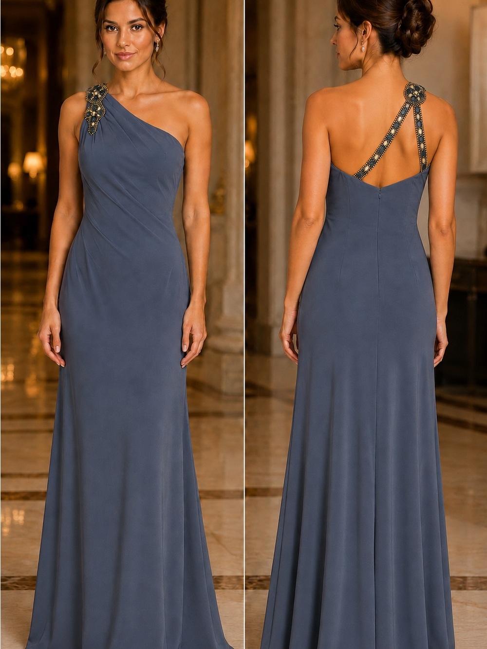 Cachet Slate grey One-Shoulder Maxi Dress with Embellished Strap size 12